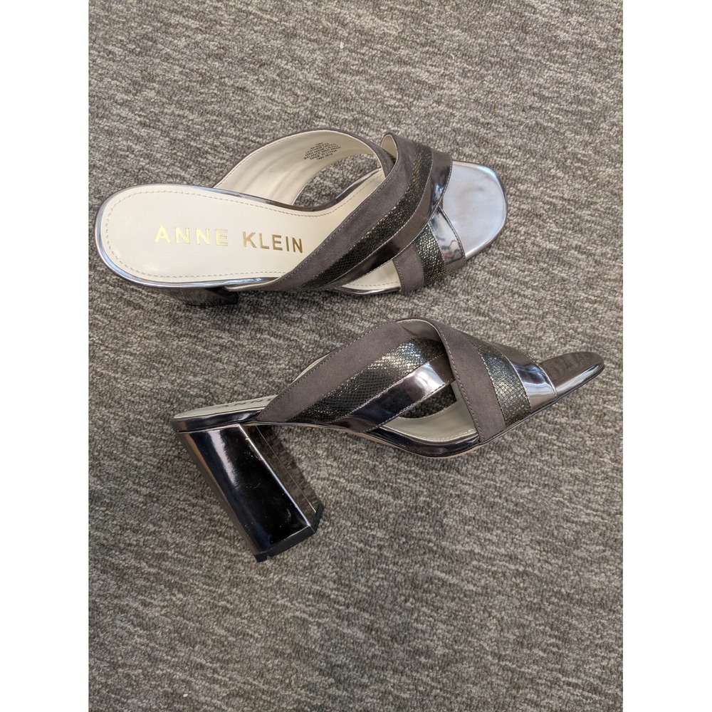 Anne Klein Akwileta Sandals Women's 10 Grey Metallic Leather Block Heel